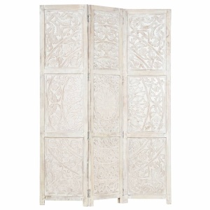Paravan cameră sculptat manual 3 panouri alb 120x165 cm mango - Img 5