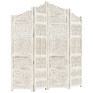 Paravan cameră sculptat manual, 4 panouri, alb 160x165 cm mango - Img 5