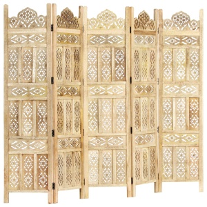 Paravan cameră sculptat manual 5 panouri 200x165 cm mango - Img 5