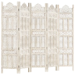 Paravan cameră sculptat manual 5 panouri alb 200x165 cm mango - Img 6