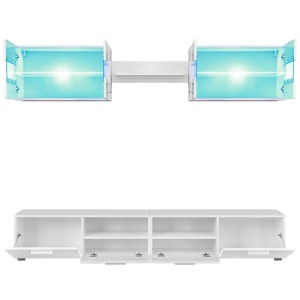 Set comodă TV de perete, 5 piese, lumini LED, alb lucios - Img 11