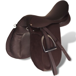 Set echitație cu șa 44,5 cm din piele naturală, Maro - Img 4
