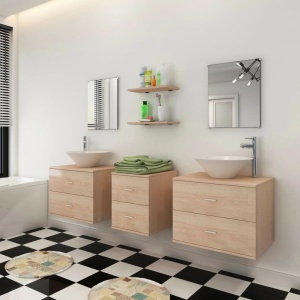 Set mobilier baie 9 piese cu chiuvete și robinete incluse, Bej - Img 3