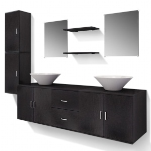Set mobilier baie format din 9 piese cu chiuvete incluse, Negru - Img 2