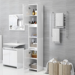 Set mobilier de baie, 3 piese, alb extralucios, PAL - Img 6