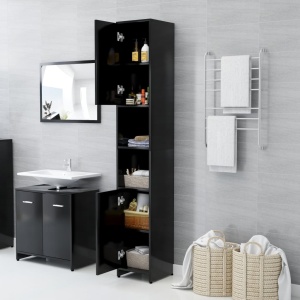 Set mobilier de baie, 3 piese, negru, PAL - Img 5