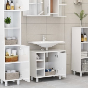 Set mobilier de baie, 4 piese, alb extralucios, PAL - Img 9