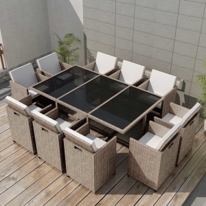 Set mobilier de exterior cu perne, 11 piese, bej, poliratan