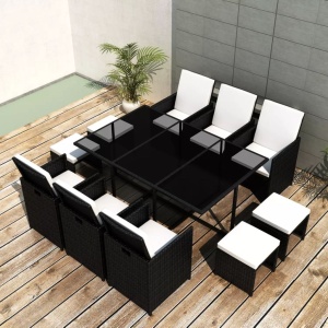 Set mobilier de exterior cu perne, 11 piese, negru, poliratan