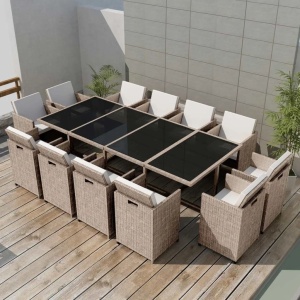 Set mobilier de exterior cu perne, 13 piese, bej, poliratan