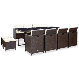 Set mobilier de exterior cu perne, 13 piese, maro, poliratan