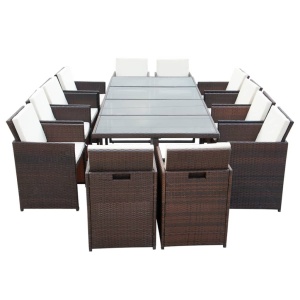 Set mobilier de exterior cu perne, 13 piese, maro, poliratan - Img 3
