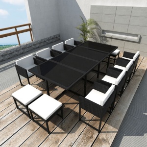 Set mobilier de exterior cu perne, 13 piese, negru, poliratan