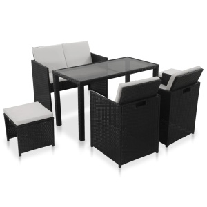 Set mobilier de exterior cu perne, 6 piese, negru, poliratan