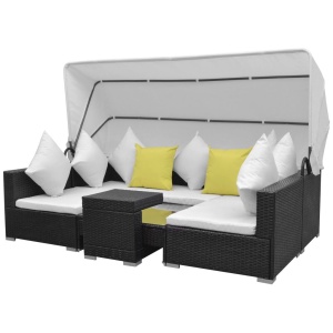 Set mobilier de grădină cu baldachin, 7 piese, negru, poliratan - Img 2