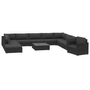 Set mobilier de grădină cu perne, 11 piese, negru, poliratan - Img 2