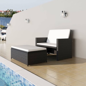 Set mobilier de grădină cu perne, 2 piese, negru, poliratan