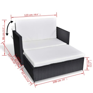 Set mobilier de grădină cu perne, 2 piese, negru, poliratan - Img 5