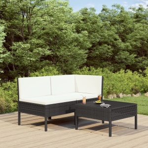 Set mobilier de grădină cu perne, 3 piese, negru, poliratan
