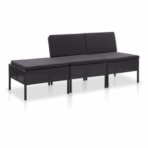 Set mobilier de grădină cu perne, 3 piese, negru, poliratan