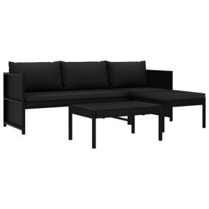 Set mobilier de grădină cu perne, 3 piese, negru, poliratan