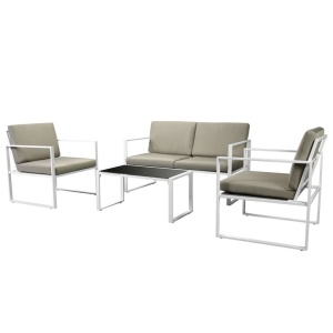 Set mobilier de grădină cu perne, 4 piese, alb, oțel - Img 2