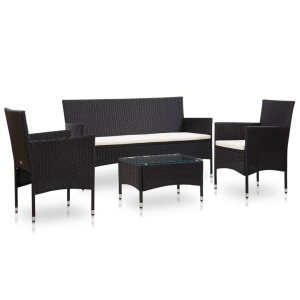 Set mobilier de grădină cu perne, 4 piese, negru, poliratan