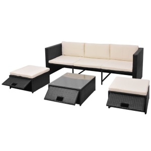 Set mobilier de grădină cu perne, 4 piese, negru, poliratan - Img 3