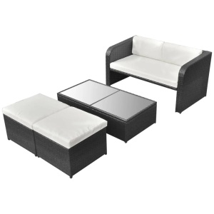 Set mobilier de grădină cu perne, 4 piese, negru, poliratan - Img 2