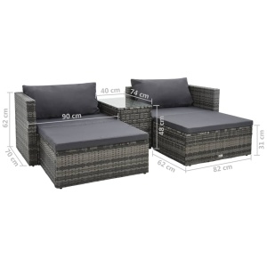 Set mobilier de grădină cu perne, 5 piese, gri, poliratan - Img 5
