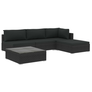 Set mobilier de grădină cu perne, 5 piese, negru, poliratan - Img 2
