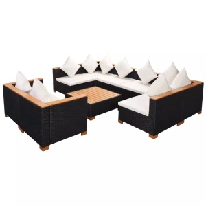 Set mobilier de grădină cu perne, 9 piese, negru, poliratan - Img 2