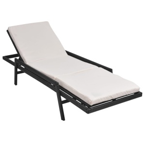 Șezlong de plajă cu pernă, negru, poliratan - Img 3