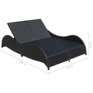 Șezlong de plajă dublu cu pernă, negru, poliratan - Img 5