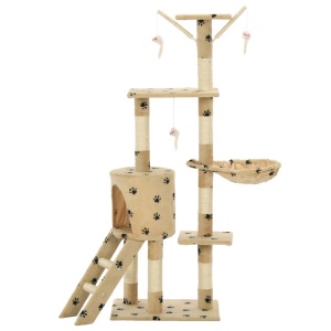 Ansamblu pisici stâlpi funie sisal, 138 cm imprimeu lăbuțe, bej - Img 3