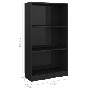 Bibliotecă cu 3 rafturi, negru extralucios, 60x24x108 cm, PAL - Img 5