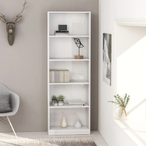 Bibliotecă cu 5 rafturi, alb extralucios, 60 x 24 x 175 cm, PAL