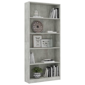 Bibliotecă cu 5 rafturi, gri beton, 80 x 24 x 175 cm, PAL - Img 3