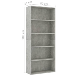 Bibliotecă cu 5 rafturi, gri beton, 80 x 30 x 189 cm, PAL - Img 5