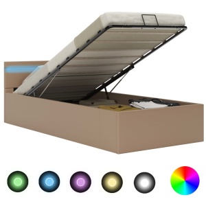 Cadru pat hidraulic LED cappuccino 90x200 cm piele ecologică