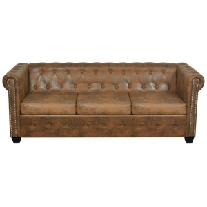 Canapea Chesterfield din piele artificială, 3 locuri, maro - Img 3