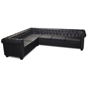 Canapea colțar Chesterfield 6 locuri, piele artificială, neagră - Img 2