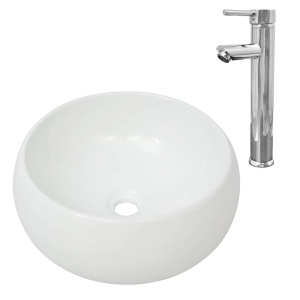 Chiuvetă de baie cu robinet mixer, ceramică, rotund, alb - Img 2