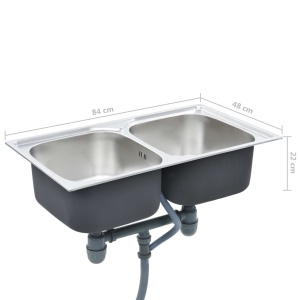 Chiuvetă de bucătărie dublă cu sită și sifon, oțel inoxidabil - Img 10