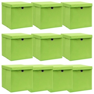 Cutii depozitare cu capace, 10 buc., verde, 32x32x32 cm, textil