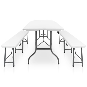 Masă de grădină pliabilă cu 2 bănci, alb, 180 cm, oțel și HDPE - Img 3