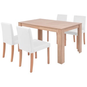 Masă și scaune 5 piese, piele artificială, stejar, crem - Img 2