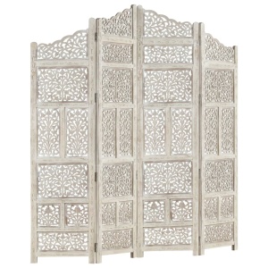 Paravan cameră sculptat manual, 4 panouri, alb 160x165 cm mango - Img 6