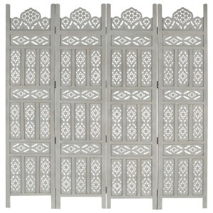 Paravan cameră sculptat manual 4 panouri gri 160x165 cm mango