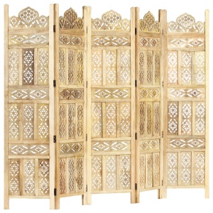 Paravan cameră sculptat manual 5 panouri 200x165 cm mango - Img 6